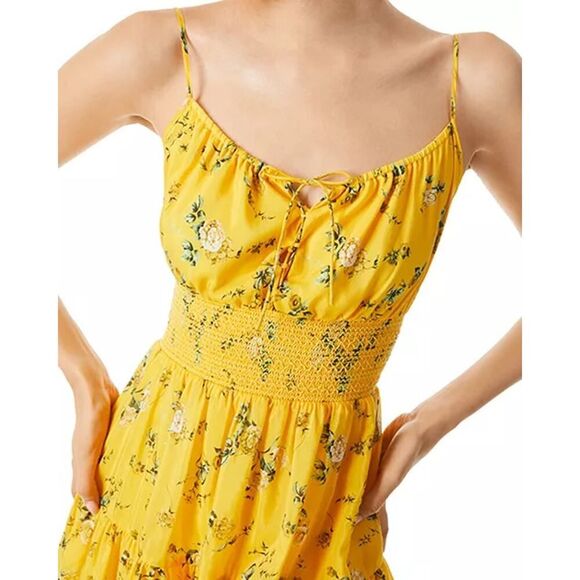 Alice + Olivia Lai Smocked Floral cotton Silk voile mini dress Yellow 8 - Picture 2 of 6